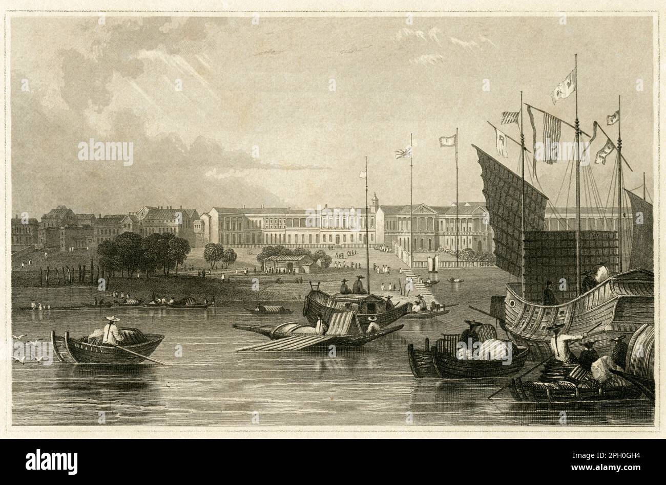 Asien , Volksrepublik China, Provinz Guangdong, Guangzhou früher Kanton oder Canton , Hafen, Stahlstich aus : " Meyer`s Universum " , Bibliographisches Institut , Hildburghausen, um 1850 . / Asien, China, Provinz Guangdong, Guangzhou, historisch bekannt als Kanton, Hafen, Stahlgravierung aus : " Meyer's Universum " , Biographisches institut , Hildburghausen , um 1850 . Chine, Provinz Guangdong, Guangzhou , Kanton , Port avec Navres, Gravure sur acier, années 1850, XIXe siècle Stockfoto